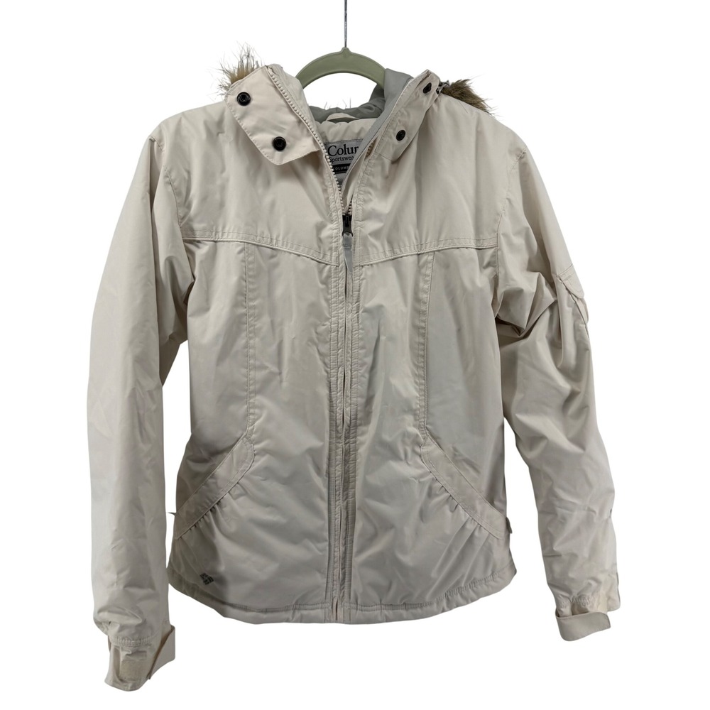 Columbia Womens Cream Insulated Winter Ski Jacket Faux Fur Hood SL 4080 Small